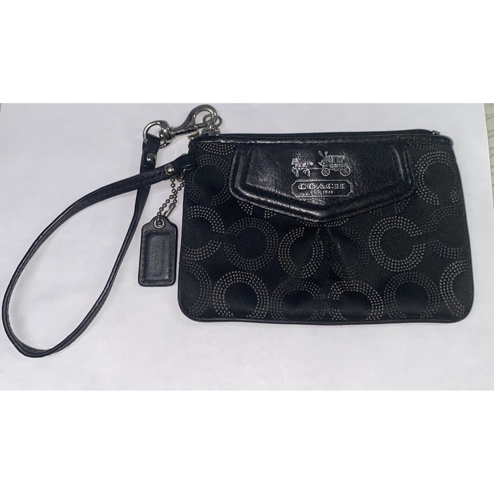 COACH Madison Op Art Small Black Leather‎ Signature Silver Zip Wristlet 4x6"